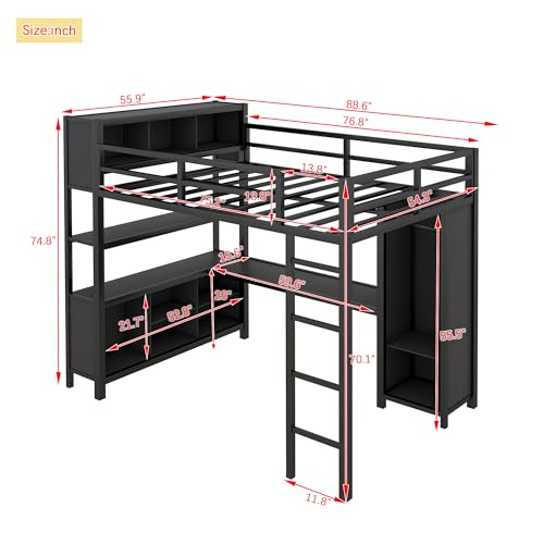 SOFTSEA Full Size Loft Bed with L Shaped Desk, Guardrails and Ladder, Metal Loft Bed Frame with Wardrobe, Shelves and Storage Cubes, for Bedroom Guestroom, White