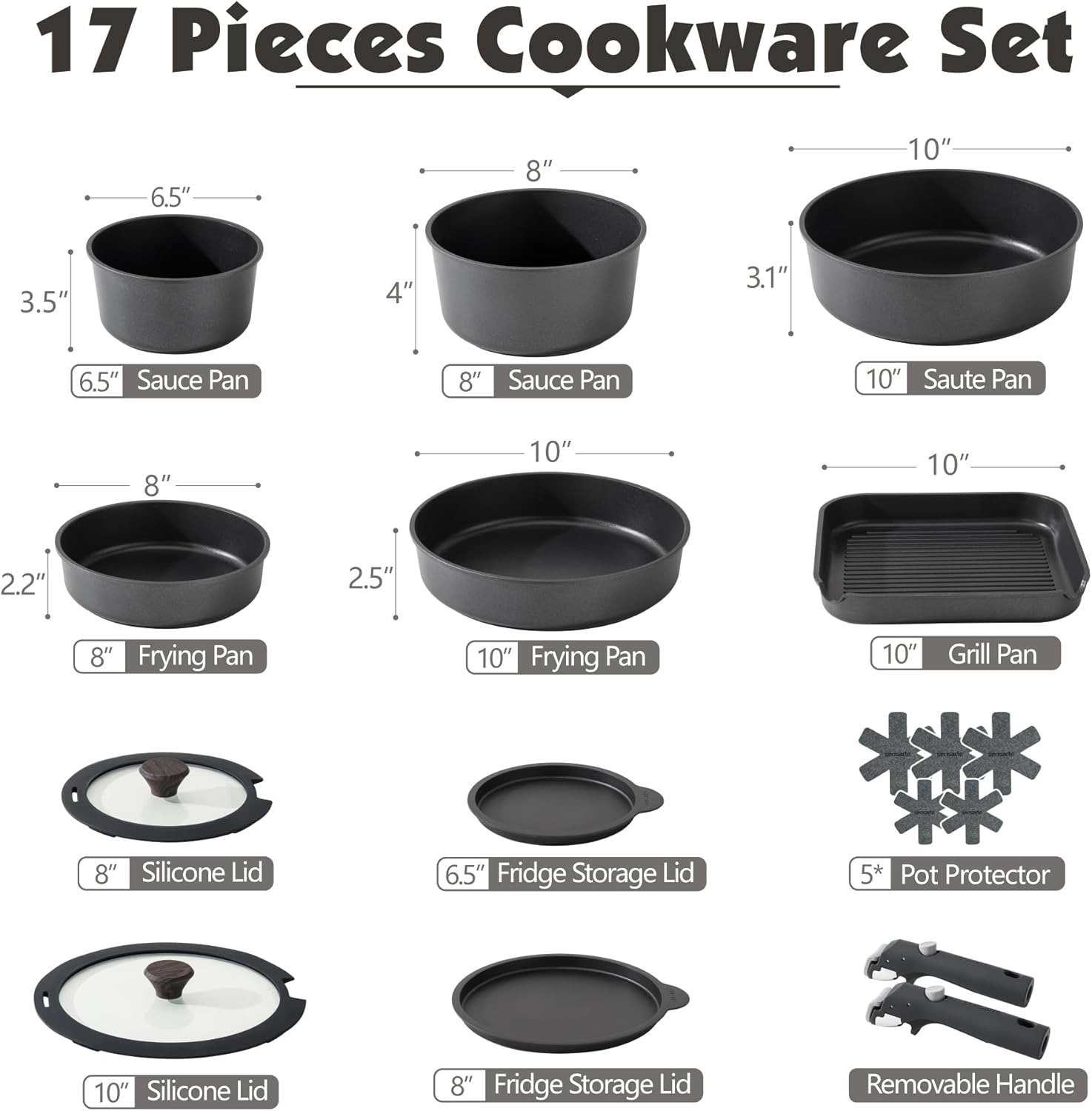 17-Piece Nonstick Granite Cookware Set Detachable Handle Induction Safe Black Oven Dishwasher Safe
