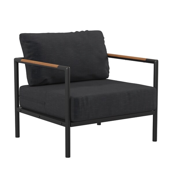 Aluminum Frame Patio Chair with Teak Arm Accents and Plush Cushions