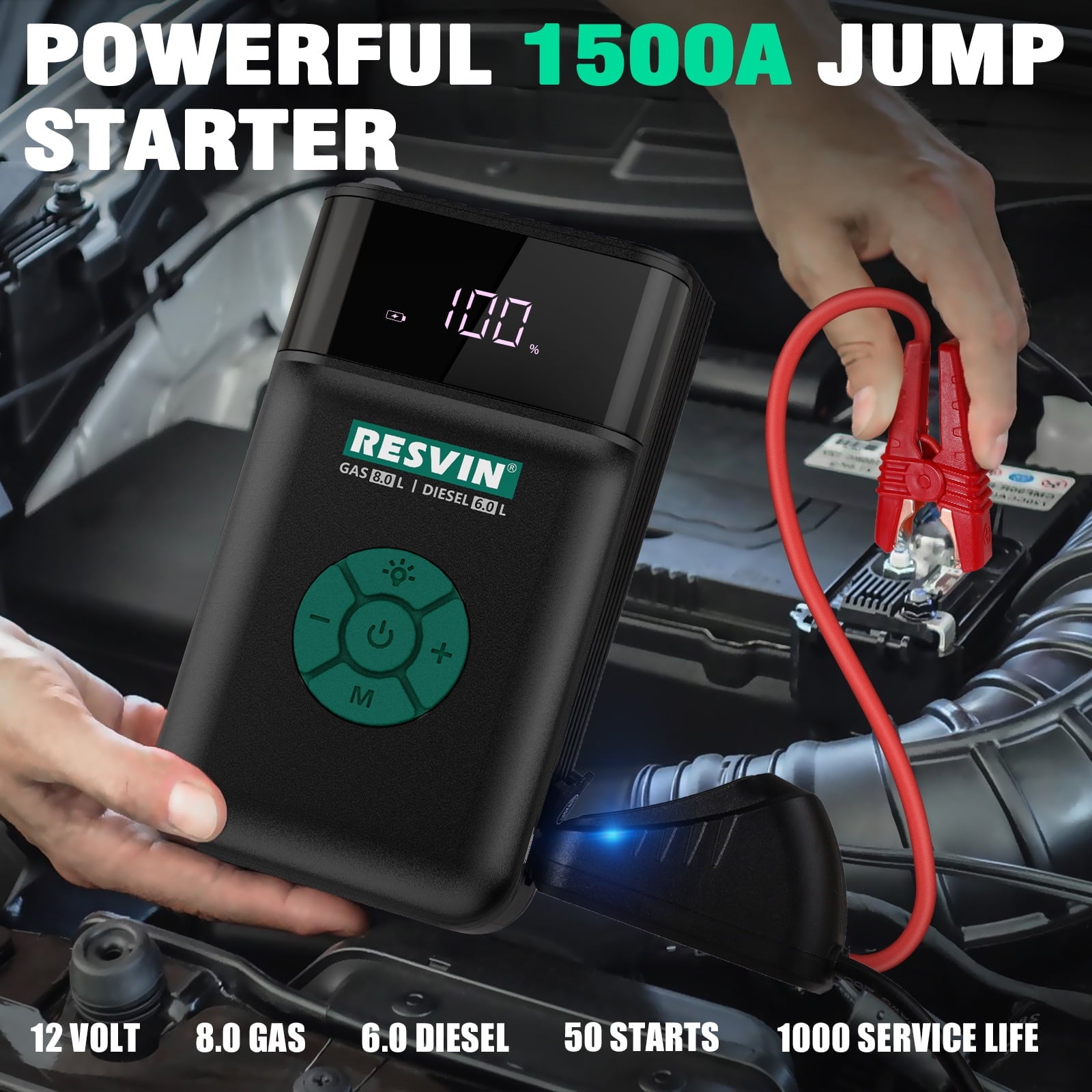 Portable Power Station Jump Starter: 1200 Peak/600 Instant Amps, 120 PSI Air Compressor, 1500A 13500mAh 12V Battery for 8.0L Gas or 6.0L Engines