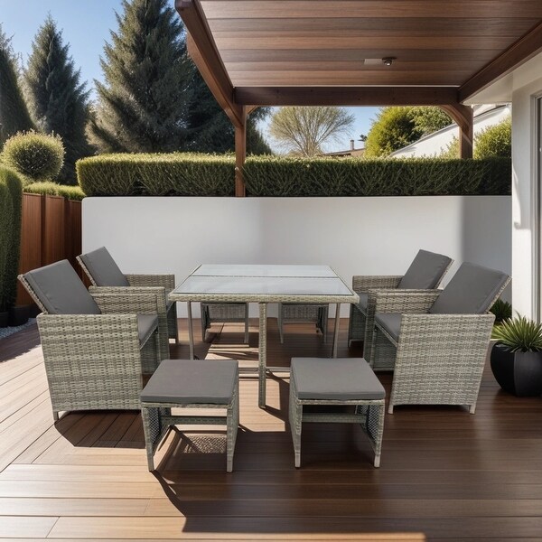 9 Pieces Space Saving Rattan Chairs with Glass Table Sets Cushioned Seating and Back Sectional Conversation Set