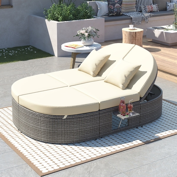 2Person Rattan Garden Reclining Chaise Lounge Daybed with Cup Trays