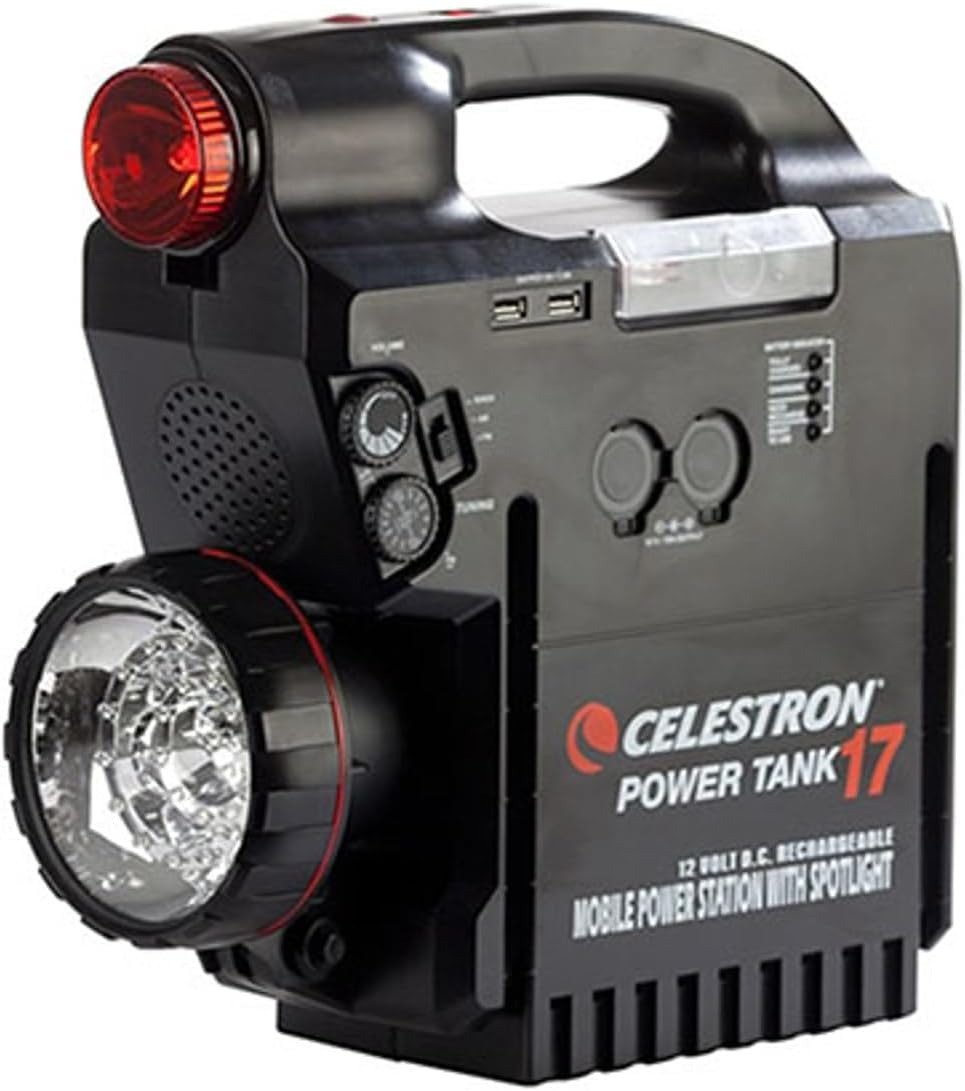 Telescope Battery – Rechargeable Portable 12V Power Supply for Computerized Telescopes – 204 Wh Power – Built–in AM/FM Radio, Siren, 2 USB Ports, Cigarette Lighter Adapter
