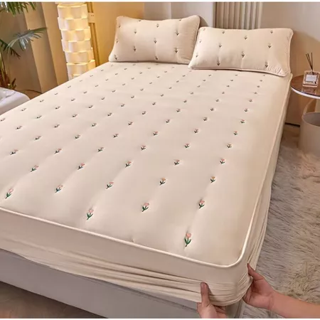 Soybean Fiber Cotton Fitted Sheet Solid Color Embroidery High Grade Bed Cover Mattress Protector Single/Queen/King