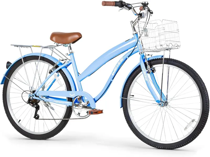 WEIZE 26″ Beach Cruiser Bike – 7-Speed Commuter Bicycle with Fenders, Rear Rack, Ergonomic Upright Posture
