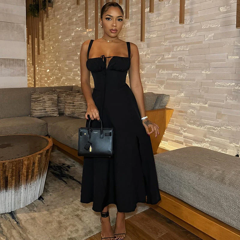 Elegant Lace Up Maxi Dress With SlitClistos