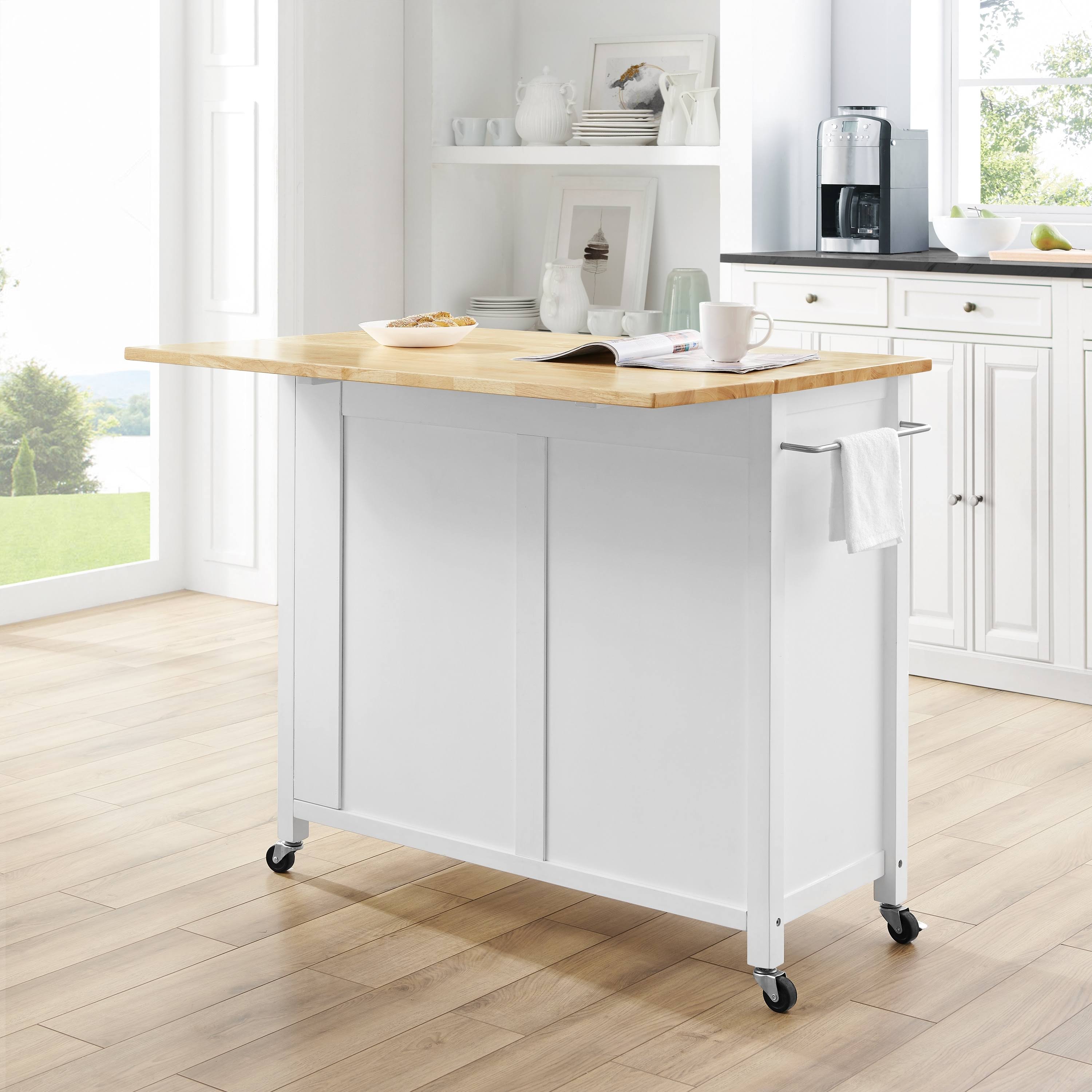 Crosley Savannah Drop-Leaf Kitchen Island Cart White Natural Wood Top