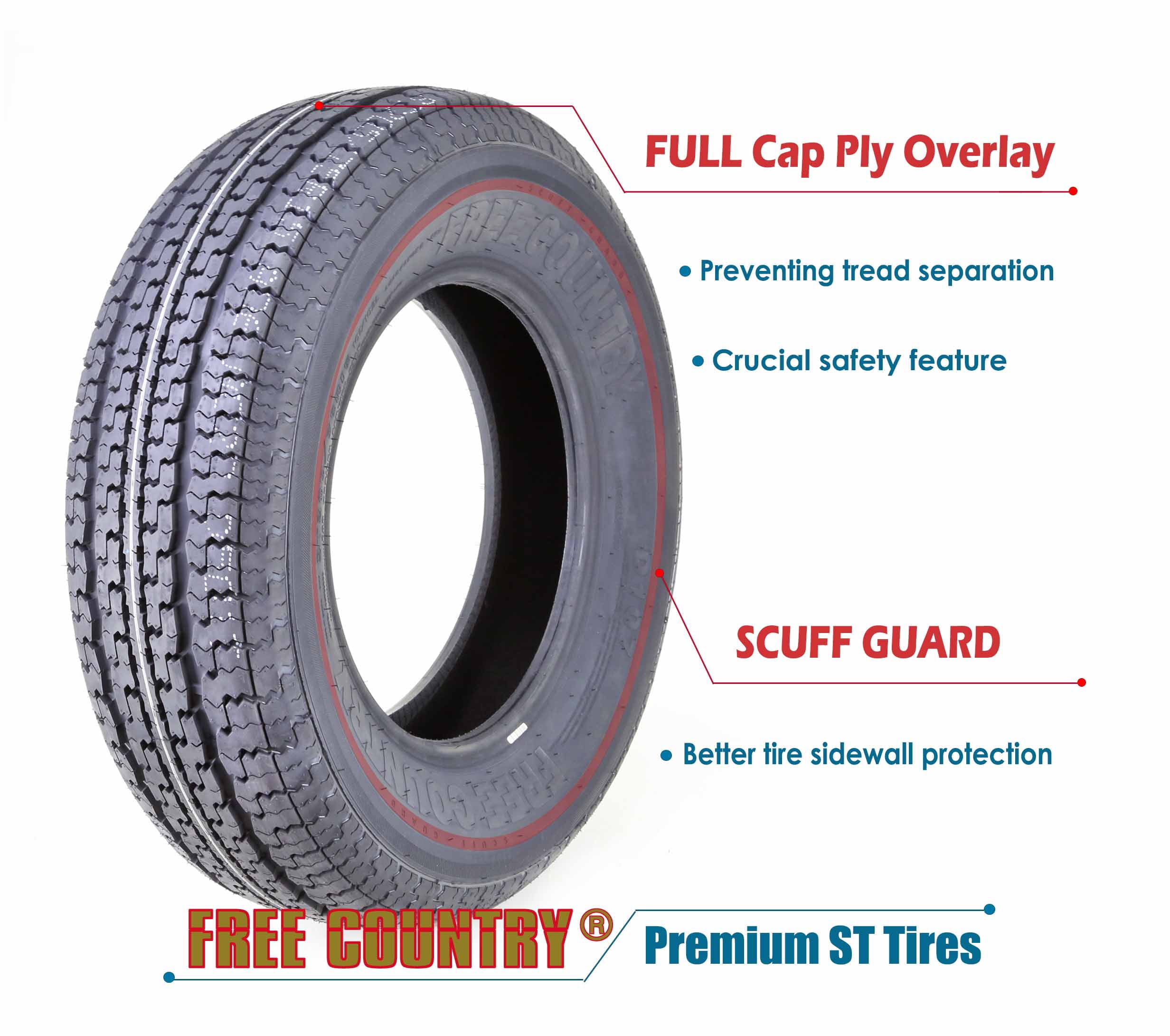 FREE COUNTRY New Premium Trailer Radial Tires ST225/75R15 10PR Load Range E w/Featured Side Scuff Guard, Set 4