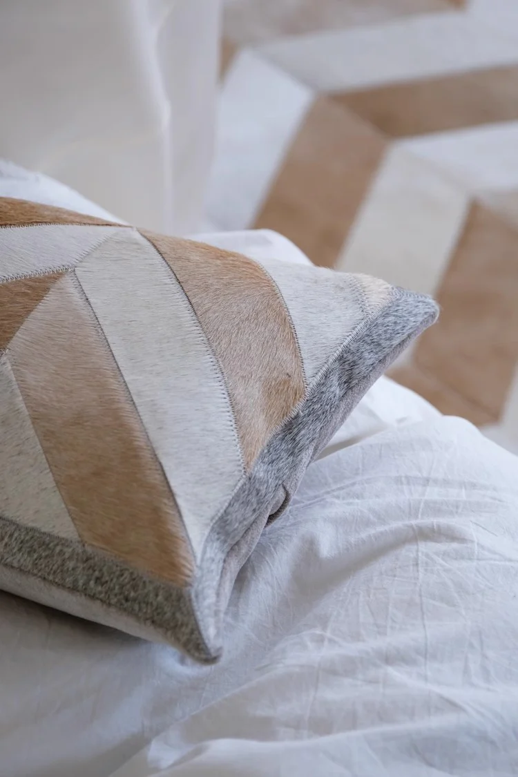BD079 - Genuine Cowhide! French Herringbone/Fishbone Patchwork Hand-Sewn Leather Sofa Pillow