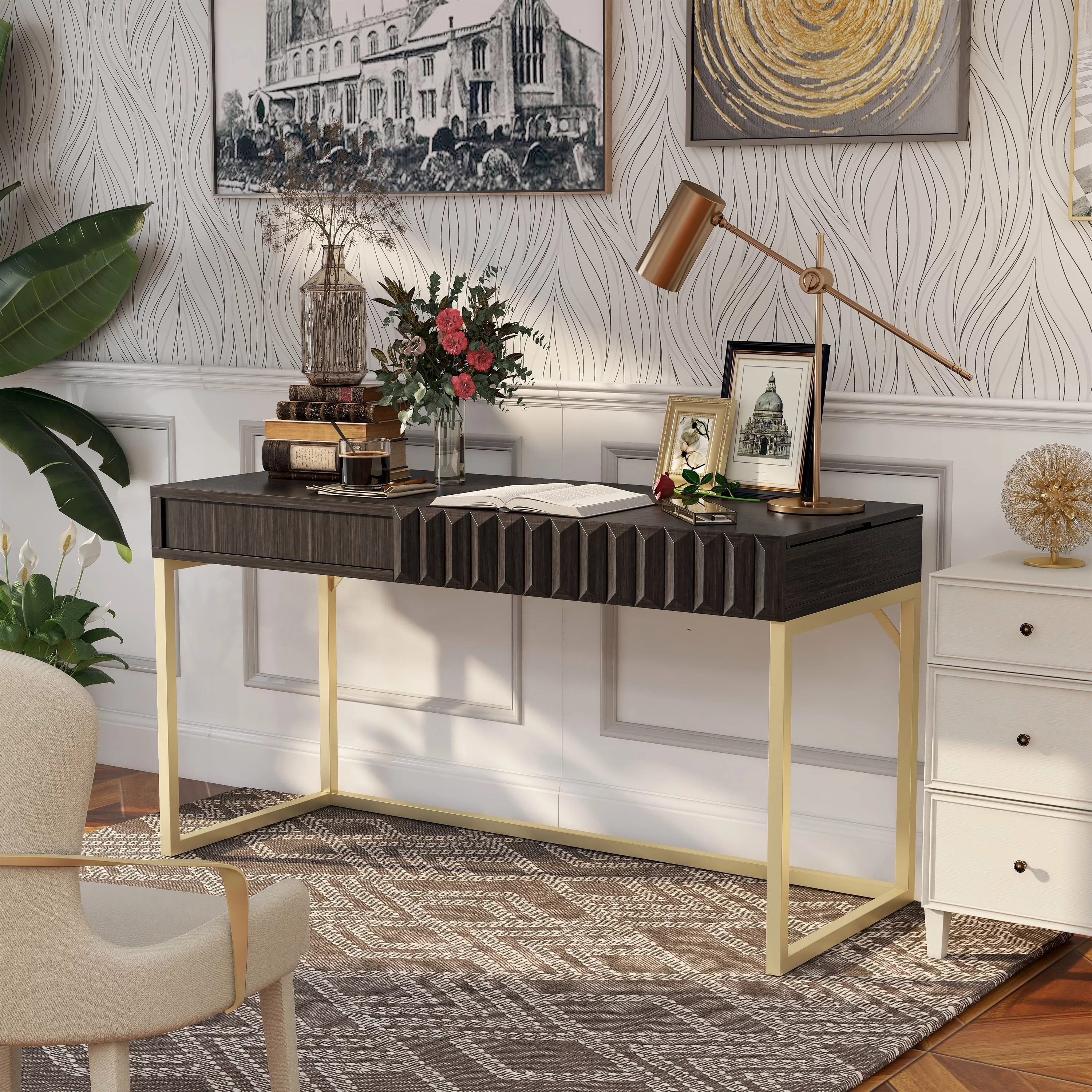 Furniture of America Bird Modern 57-inch Metal Lift-top Standing Desk by  Walnut/Gold Goldtone Finish
