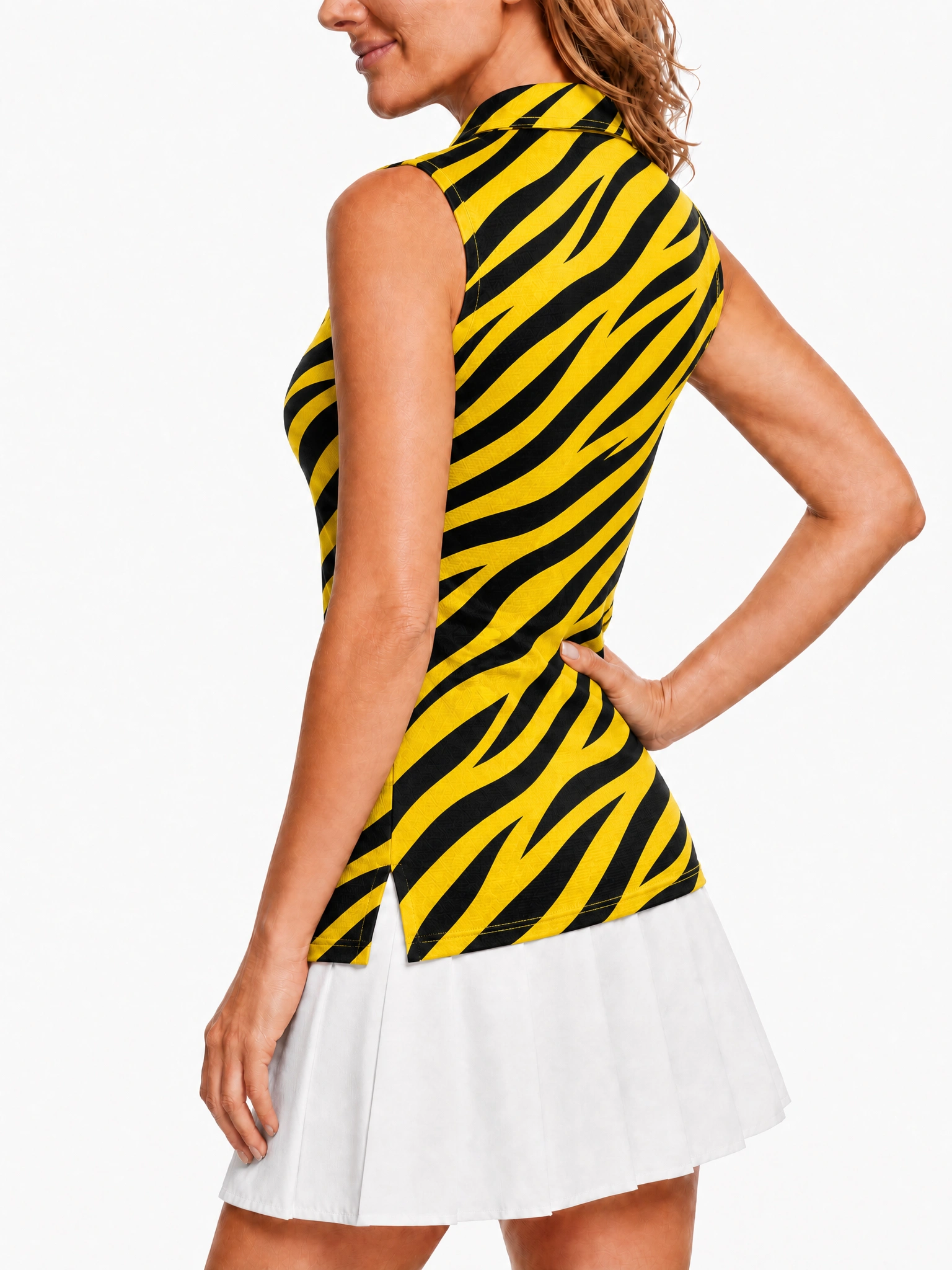 Women Sleeveless Quick Dry Golf Polo Shirt, Yellow Black Zebra Stripe Print