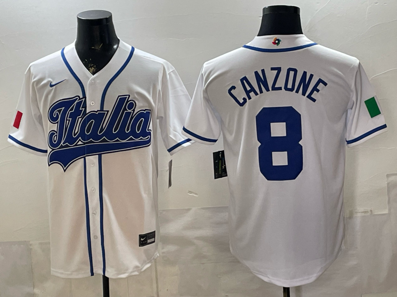 Men's Italy Baseball Nick Canzone #8 White 2026 World Baseball Classic Stadium Jersey