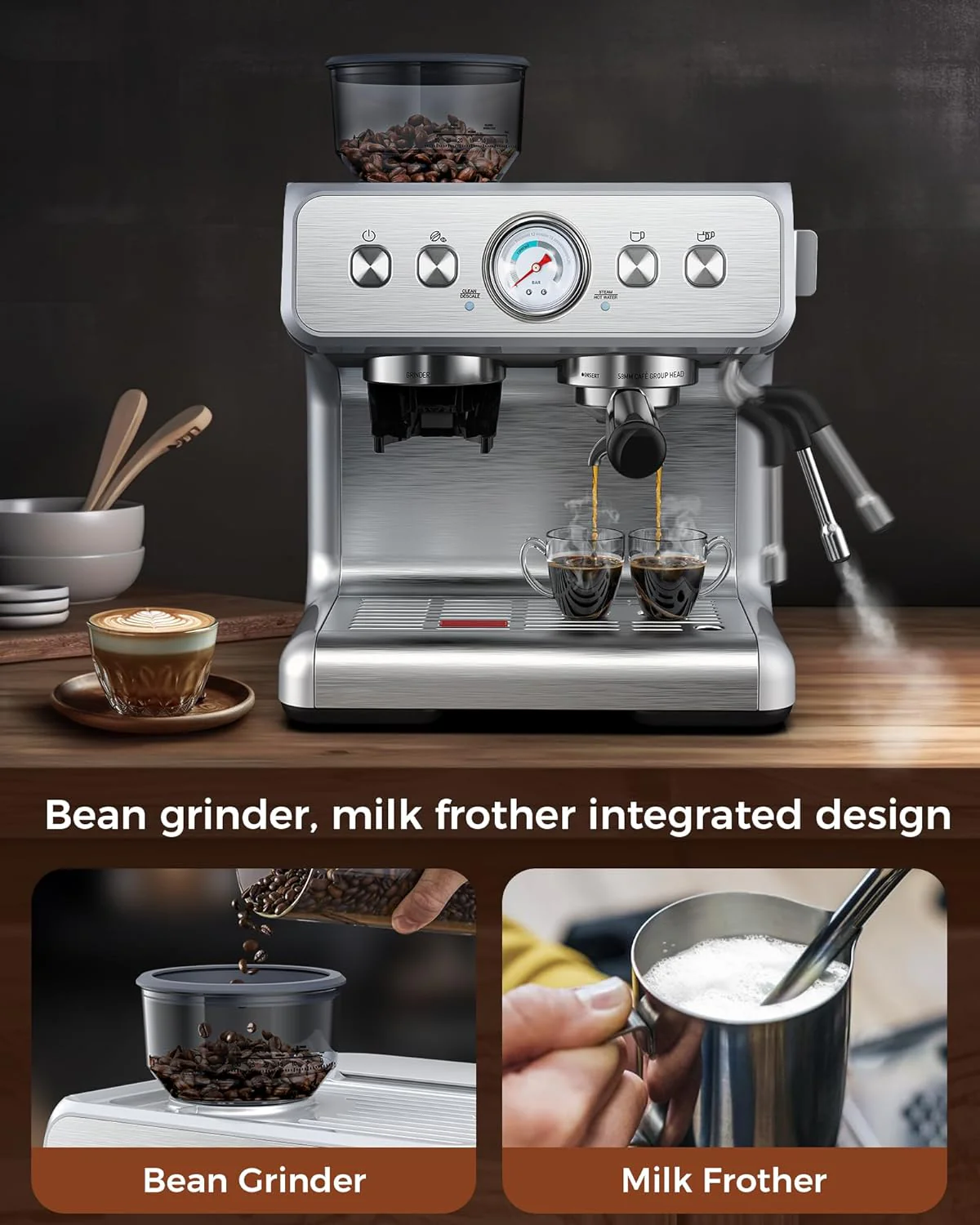 Espresso Machine 15 Bar, Semi-Automatic Coffee Maker with Bean Grinder and Milk Frother Steam Wand CM8050