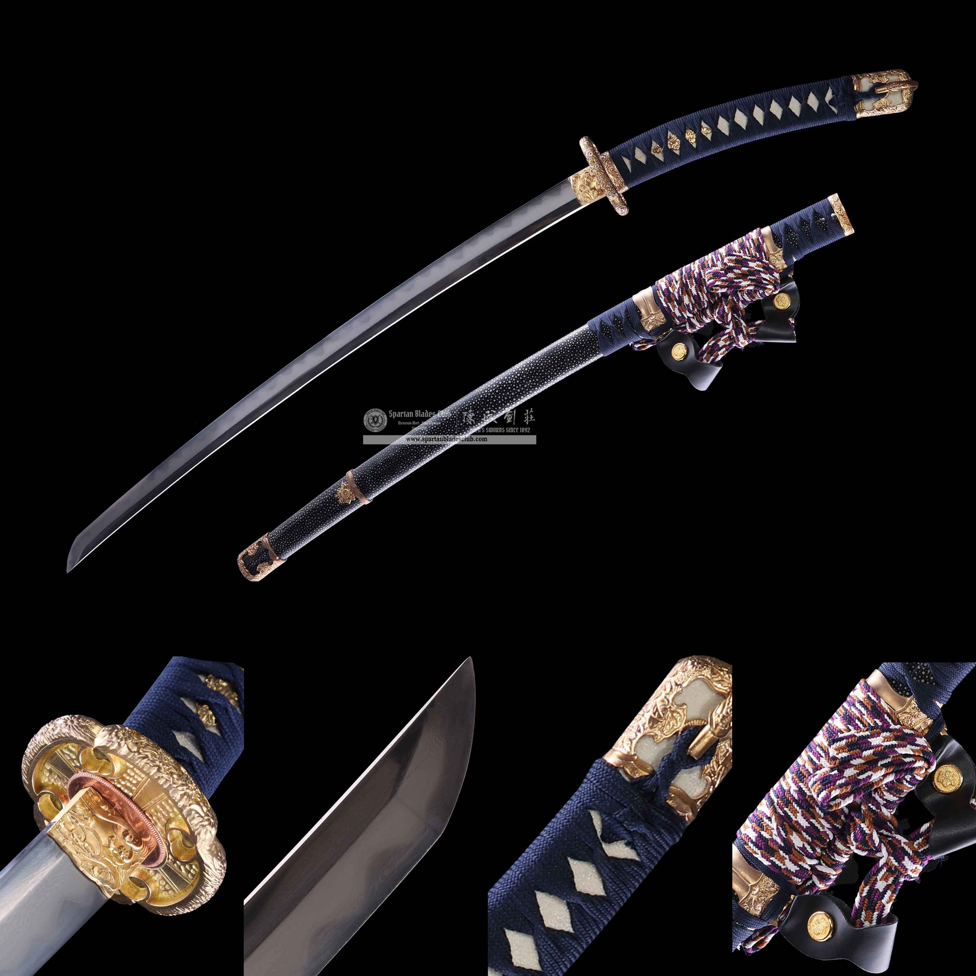 HY25｜Azure - Gold Tachi｜Damascus steel｜Clay-tempered｜Real Hamon｜Blue&golden｜Battle-Ready｜Full-tang｜Spartan Blades Club｜CHEN'S SWORDS 1892 - Spartan Blades Club - 陳氏劍莊1892