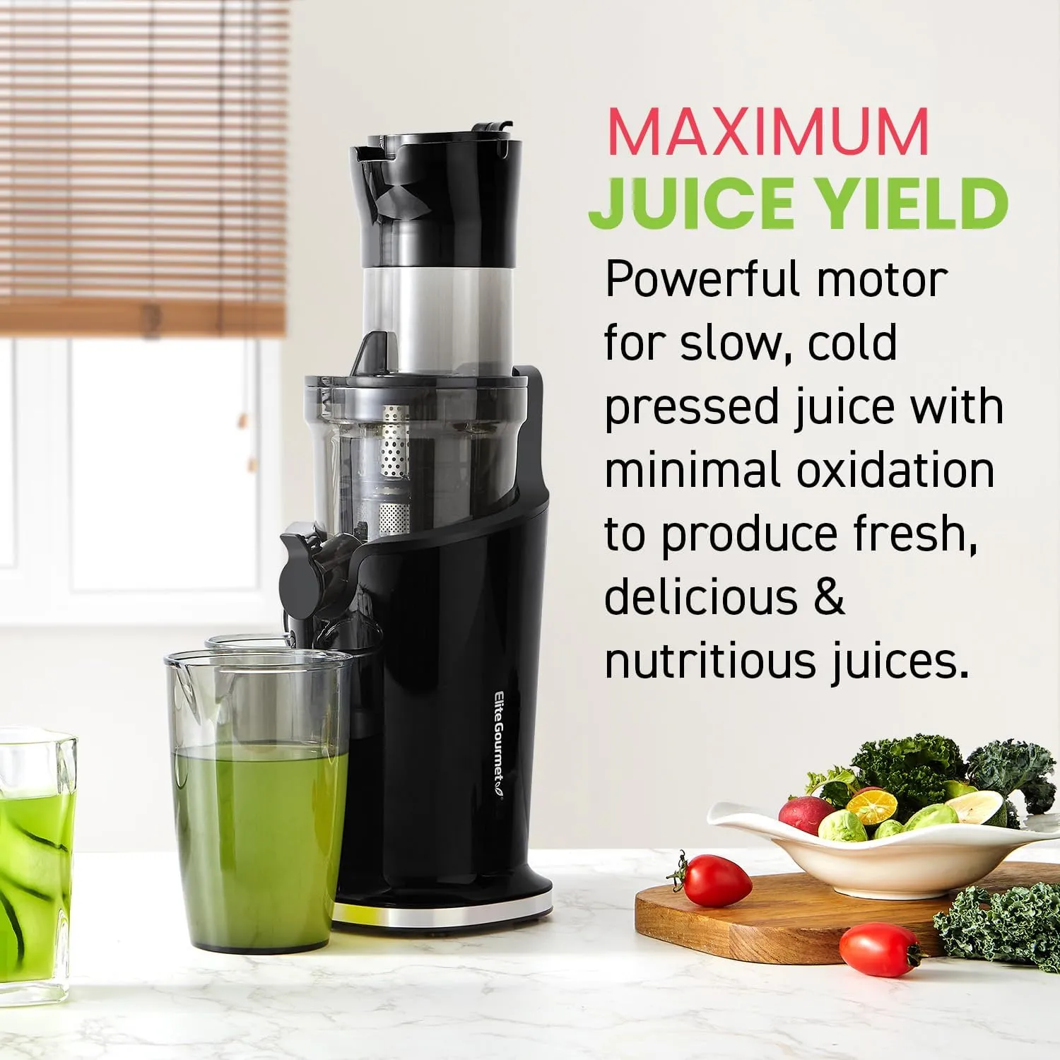 Elite Gourmet EJX320 Big Mouth Whole Fruit 5.2” Self-Feeding Chute, Cold Press Masticating Slow Juice Extractor，Black