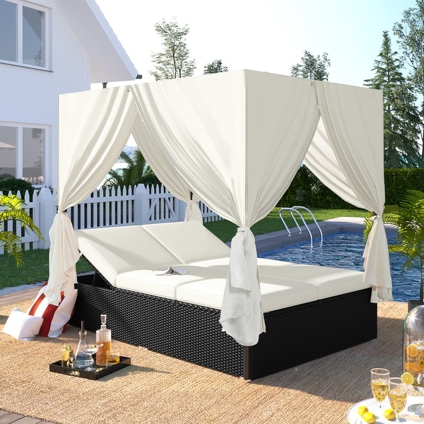 77inch Adjustable Outdoor Patio Sunbed Daybed with Canopy and Cushions