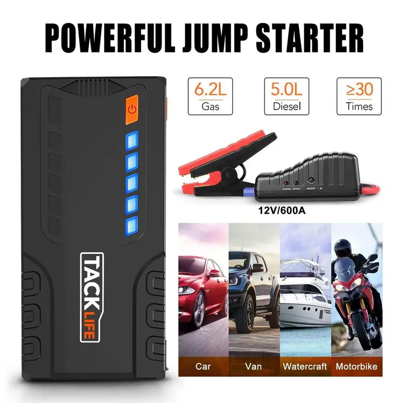Tacklife T6 Car Jump Starter – 800A Peak, 18,000mAh, LCD Display, Quick Charge, Safety-Protected (Orange)