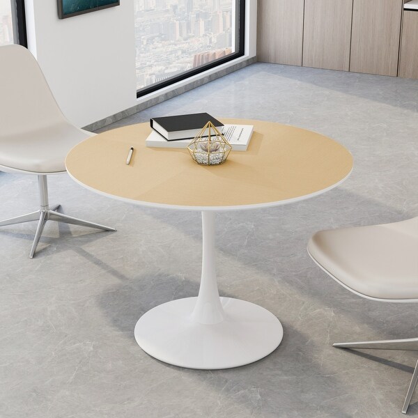 42in. Round Dining Table with Printed Wood Grain Table Top,Metal Base