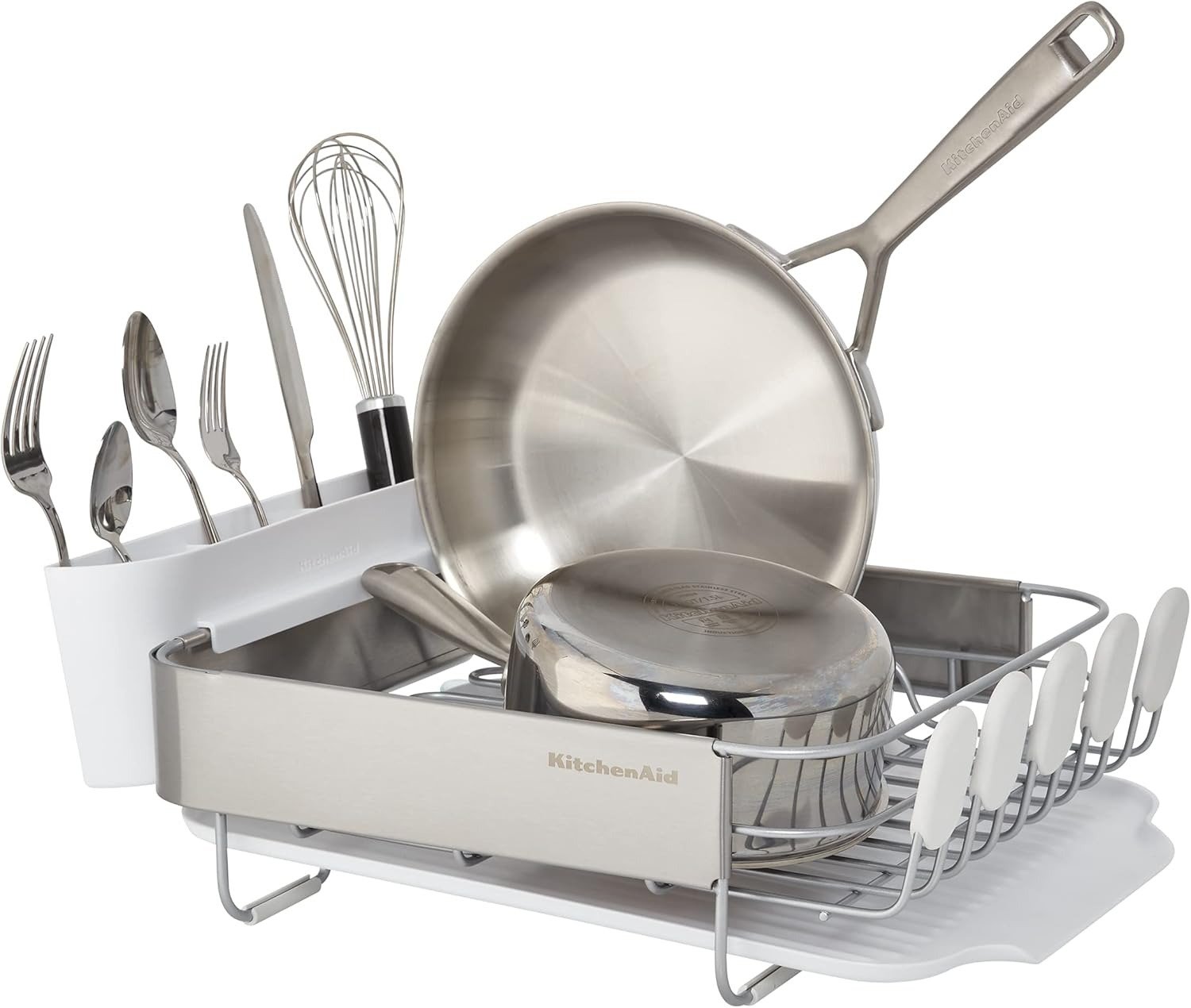 16.06 Inch Compact Stainless Steel Dish Rack Rust Resistant with Drainboard & Flatware Caddy White
