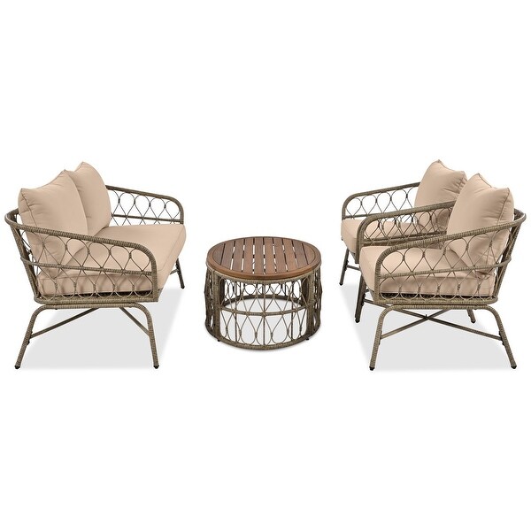 4Piece Wicker Patio Conversation Set with Beige Cushion