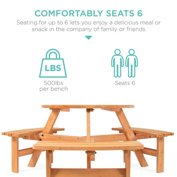 6Person Circular Wooden Picnic Table w/ Umbrella Hole,3 Benches