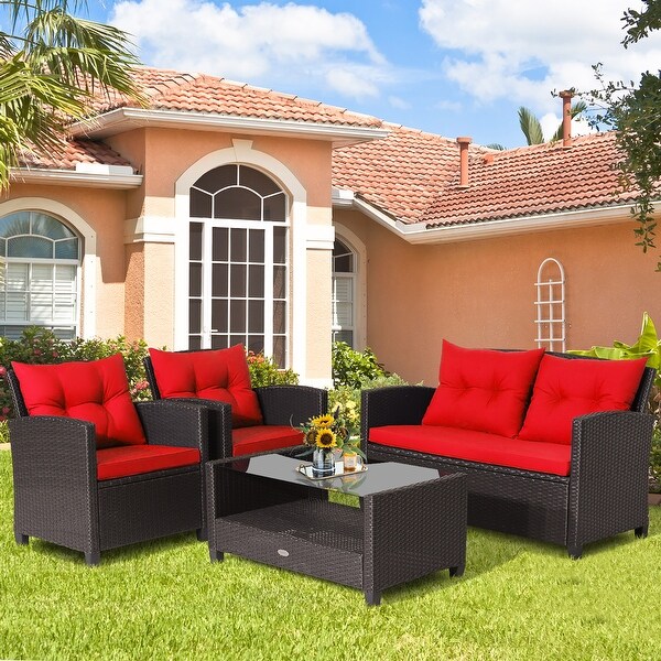 Costway 4 PCS Patio Rattan Furniture Set Glass Table Shelf Sofa