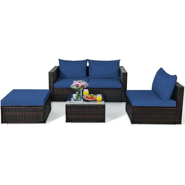 5PCS Patio Rattan Furniture Set Sectional Conversation Sofa w/ Coffee