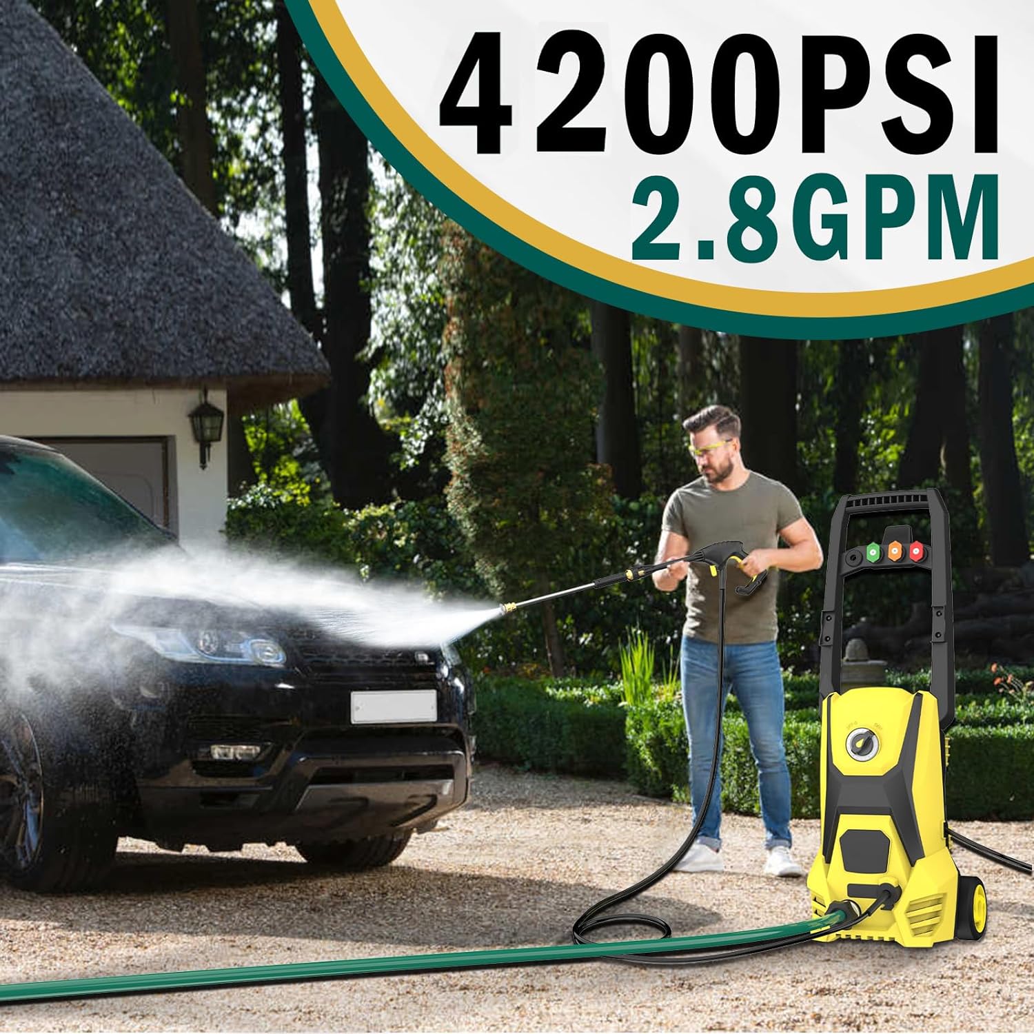 Electric Pressure Washer - 4200PSI Electric Power Washer with 20FT Hose, 35FT Power Cord, 4 Nozzles, High Pressure Washer for Cars, Fences, Patios, Driveways