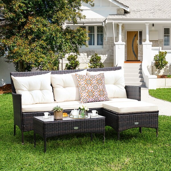 Costway 3PCS Patio Rattan Furniture Set 3Seat Sofa Cushioned Table