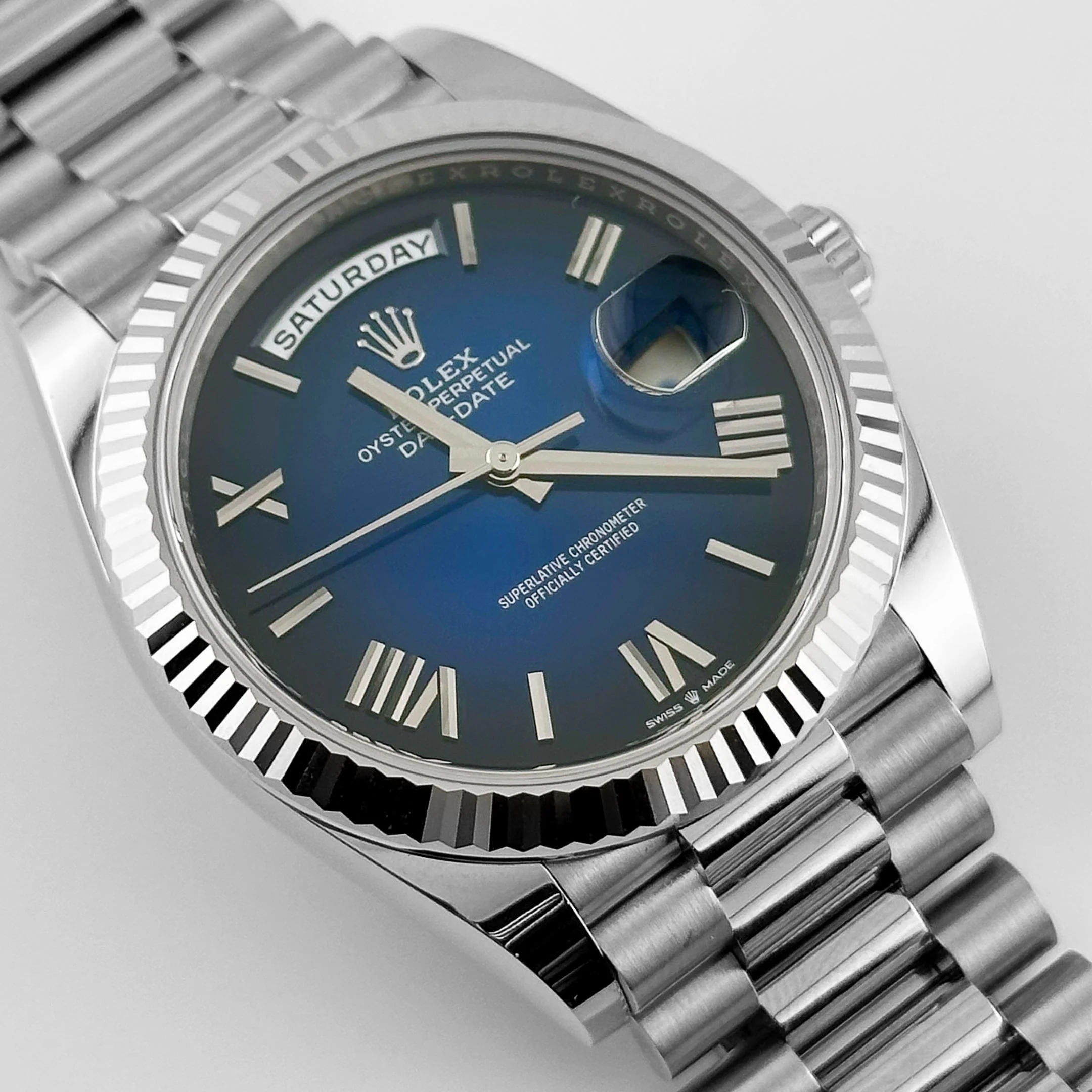 Rolex Day-Date 40 228239 White Gold Blue Ombre Roman Numeral Dial (2025)