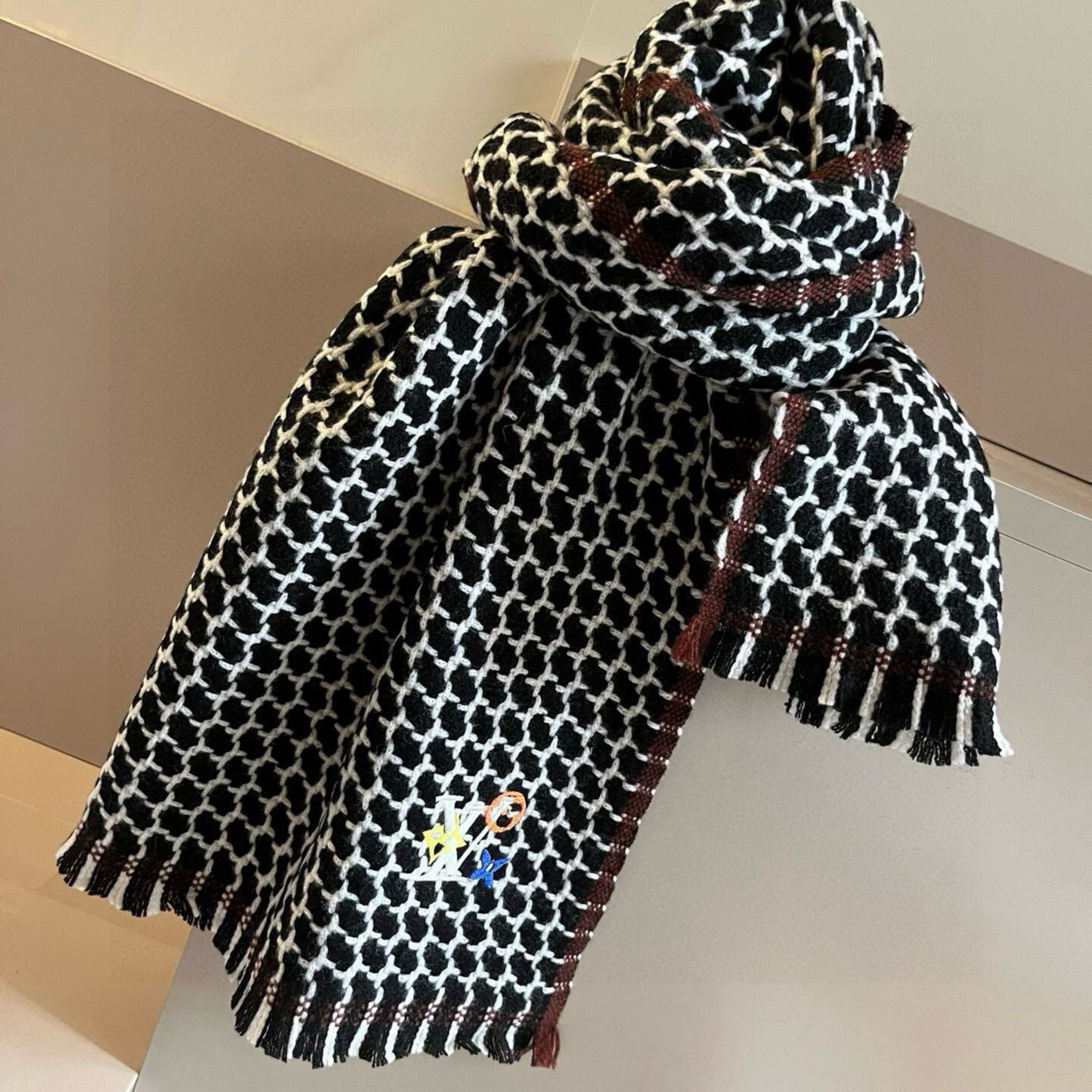 Louis Vuitton Damier Check Cashmere Scarf Black For Women 190cm