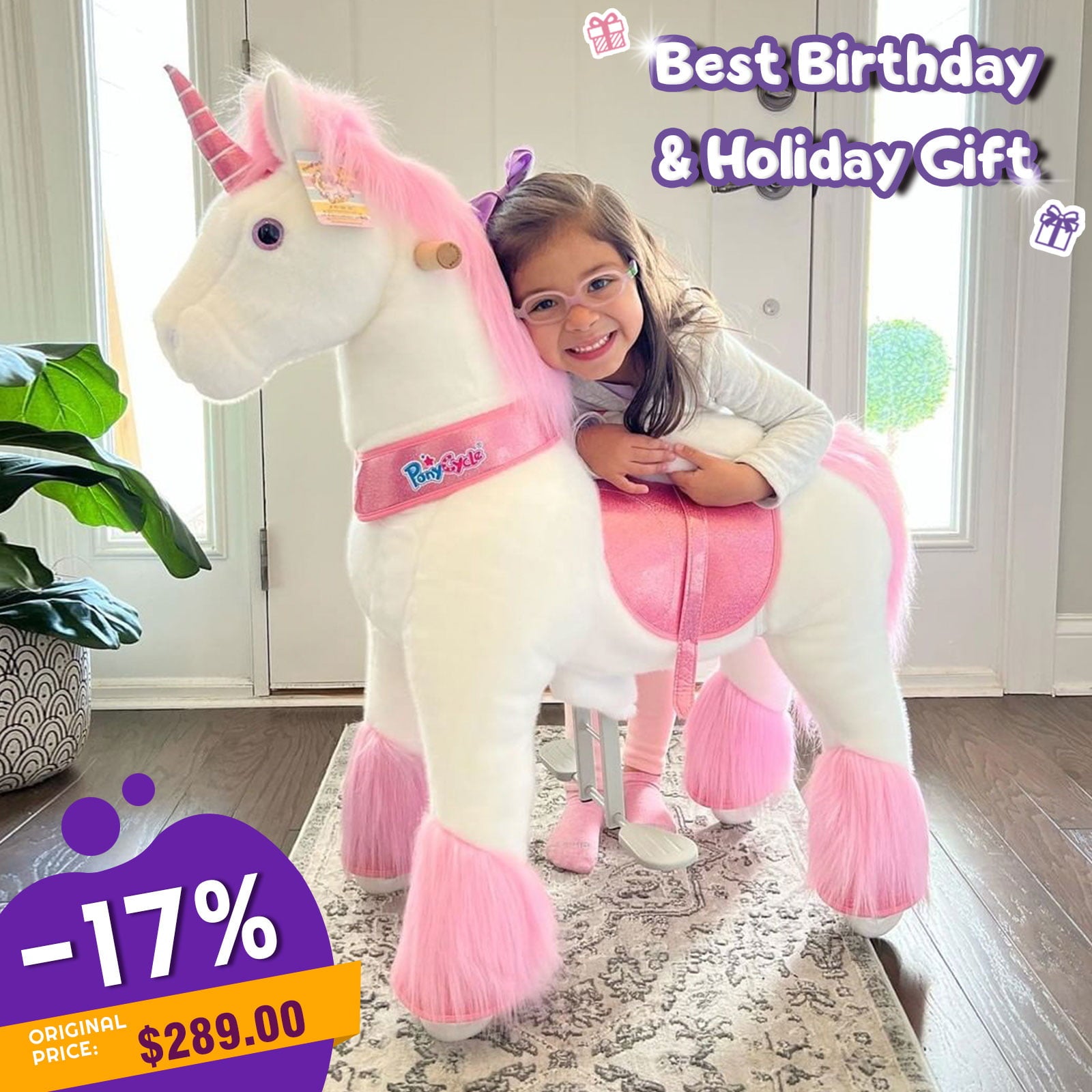 PonyCycle Ride on Unicorn Riding Horse Toy for Girls Age 3-5 Pink
