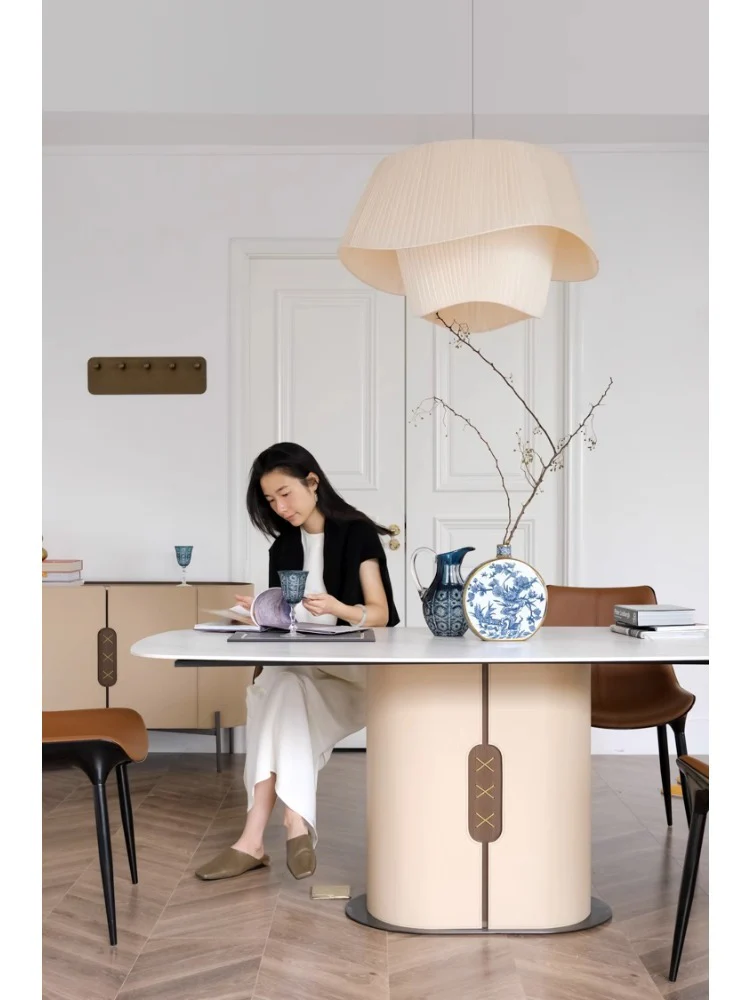 YA017 - New Chinese Living Room Long Table HERM@S Windbreaker Cream Marble Rock Table One Table Four Chairs Six Chairs