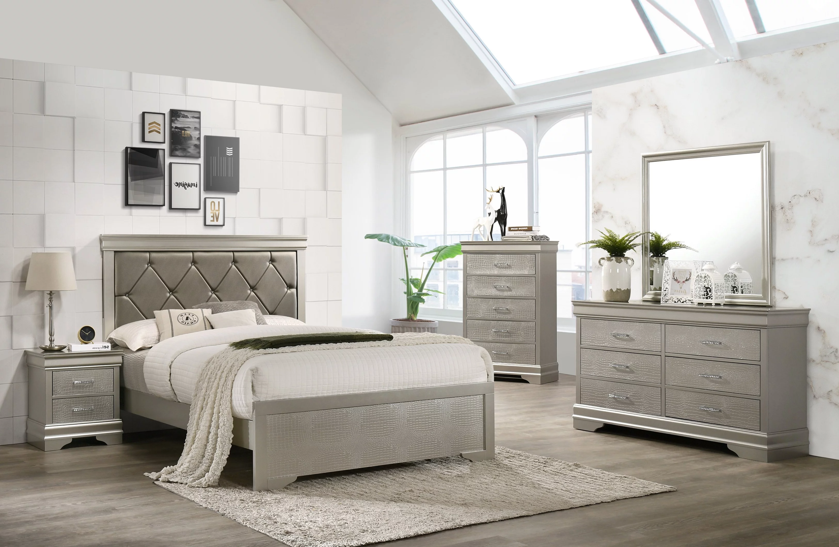 6Pc Silver Finish King Size Panel Upholstered Bed Dresser Mirror Nightstand Chest Set Wooden Bedroom Furniture