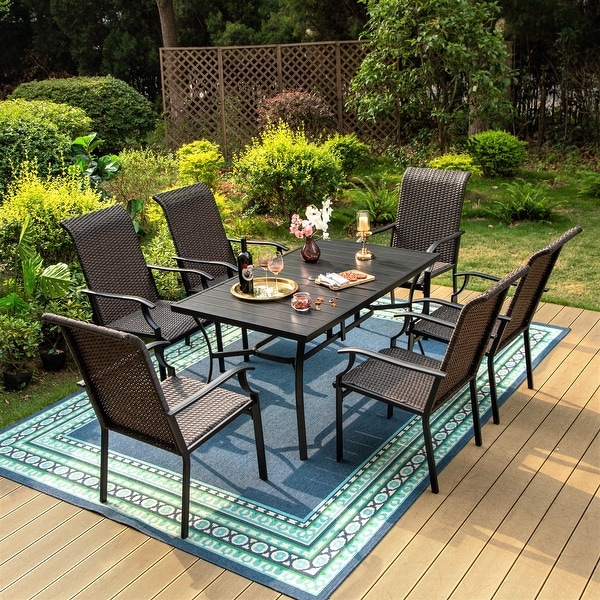 MAISON ARTS Outdoor Patio 7Piece Dining Set,1 Metal Table with an Umbrella Hole and 6 PE Rattan Chairs