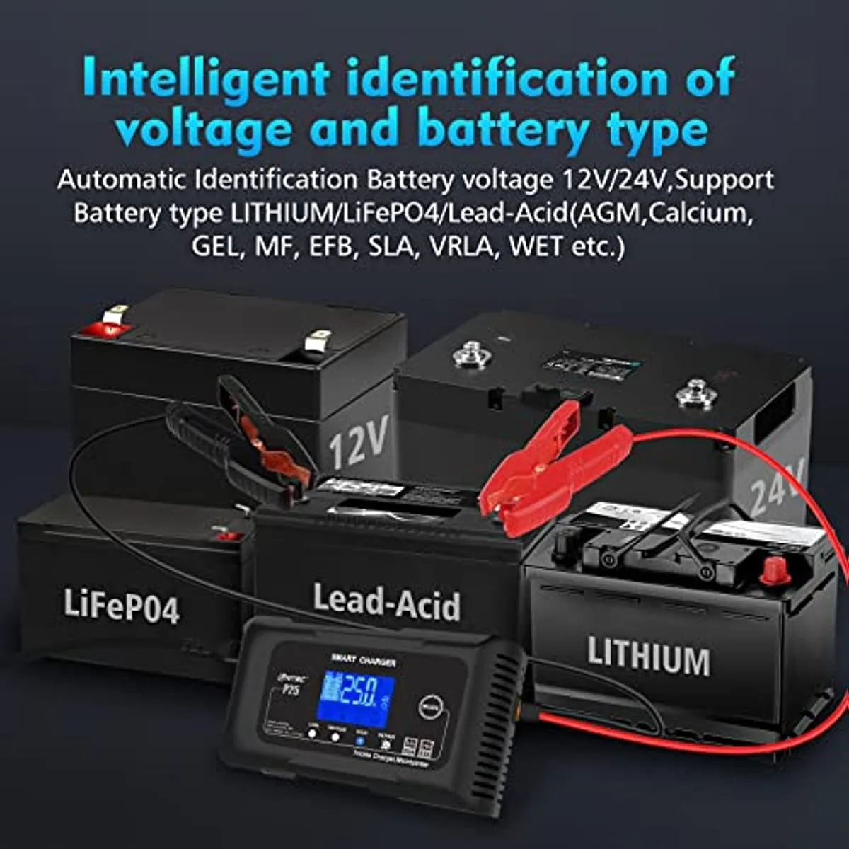 2026 25-Amp Smart Battery Charger,Lithium,LiFePO4,Lead-Acid AGM/Gel/SLA.. Car Battery Charger,Trickle Charger, Maintainer/deep Cycle Charger,12V/25A and 24V/13A,for Motorcy,Boat,Lawn Mower