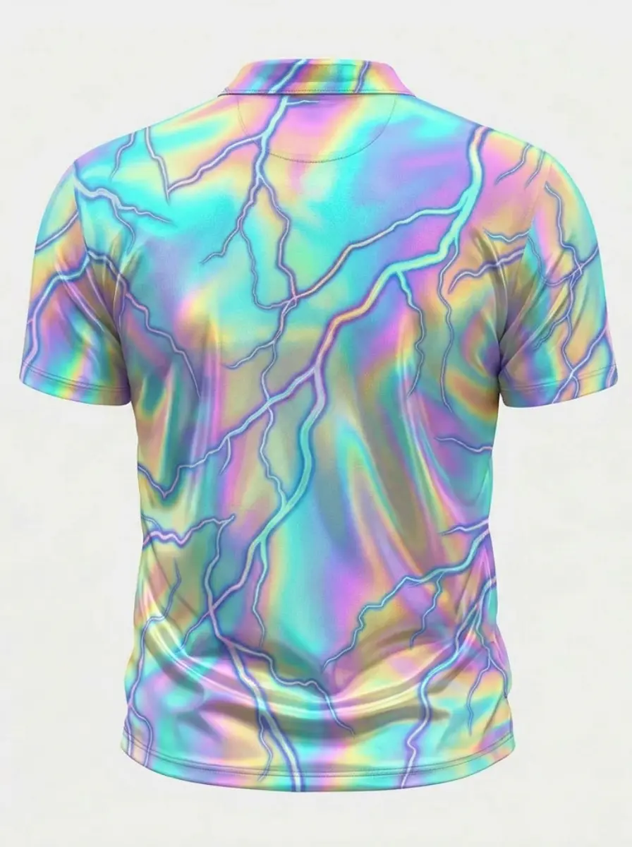 Moisture Wicking Golf Polo 3D Rainbow Holographic Lightning Print Button Short Sleeve Golf Polo Shirt