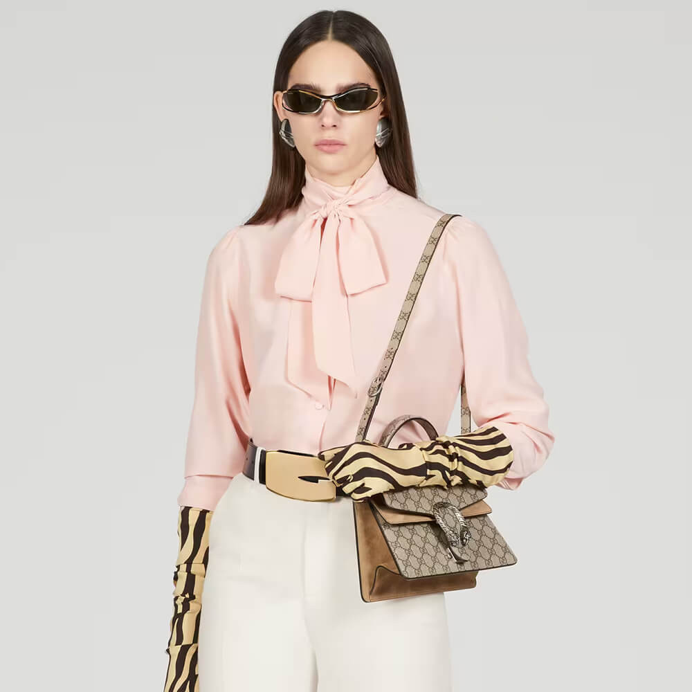 Gucci Small Dionysus Top Handle Bag Taupe Suede Trim