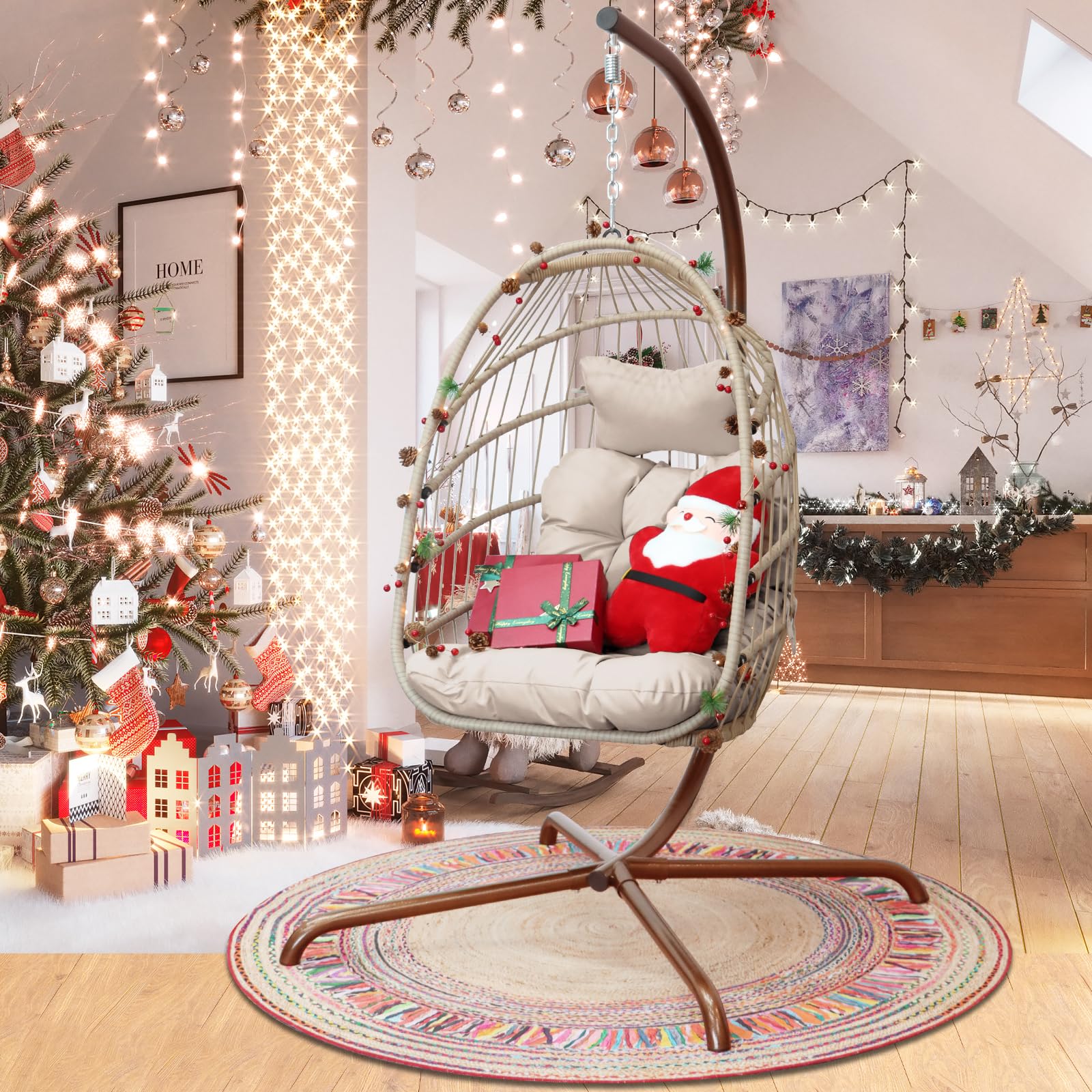 NICESOULu00ae Swing Egg Chair with Stand Indoor Outdoor Wicker Rattan Patio Basket Hanging Chair with UV Resistant Cushions 350lbs Capaticy for Bedroom Balcony Patio (Cream)
