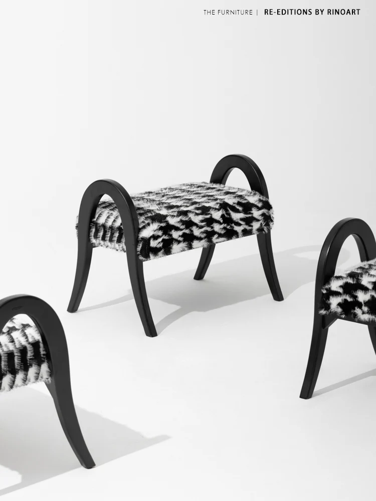 CH089 - Shoe Changing Stool - Solid Wood + Mink Series Black and White Mink Multi-functional with Footrest