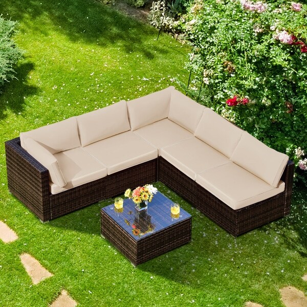 6 Pieces Patio Rattan Furniture Set with Cushions and Glass Coffee Table