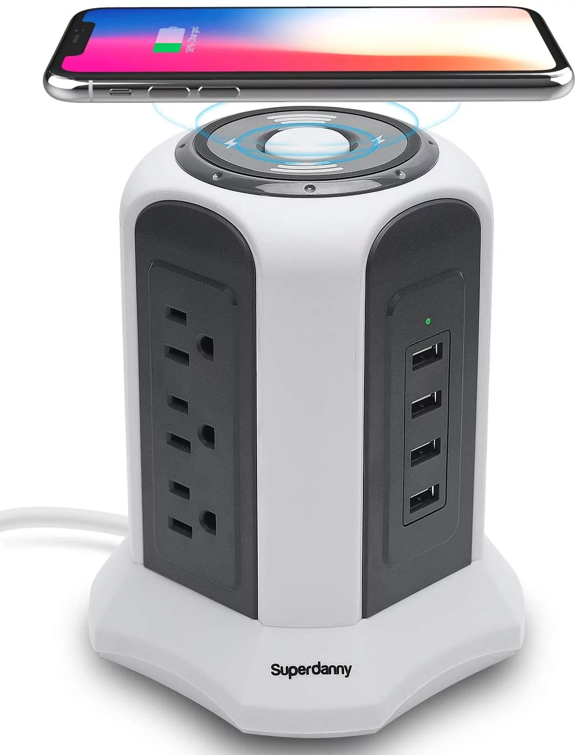 SUPERDANNY 10ft Power Strip Tower Wireless Charger Surge Protector Outlet USB Charging Station