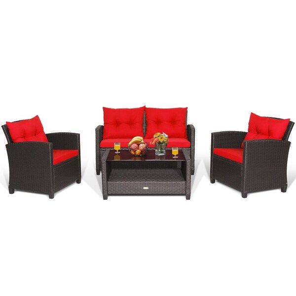 Costway 4 PCS Patio Rattan Furniture Set Glass Table Shelf Sofa