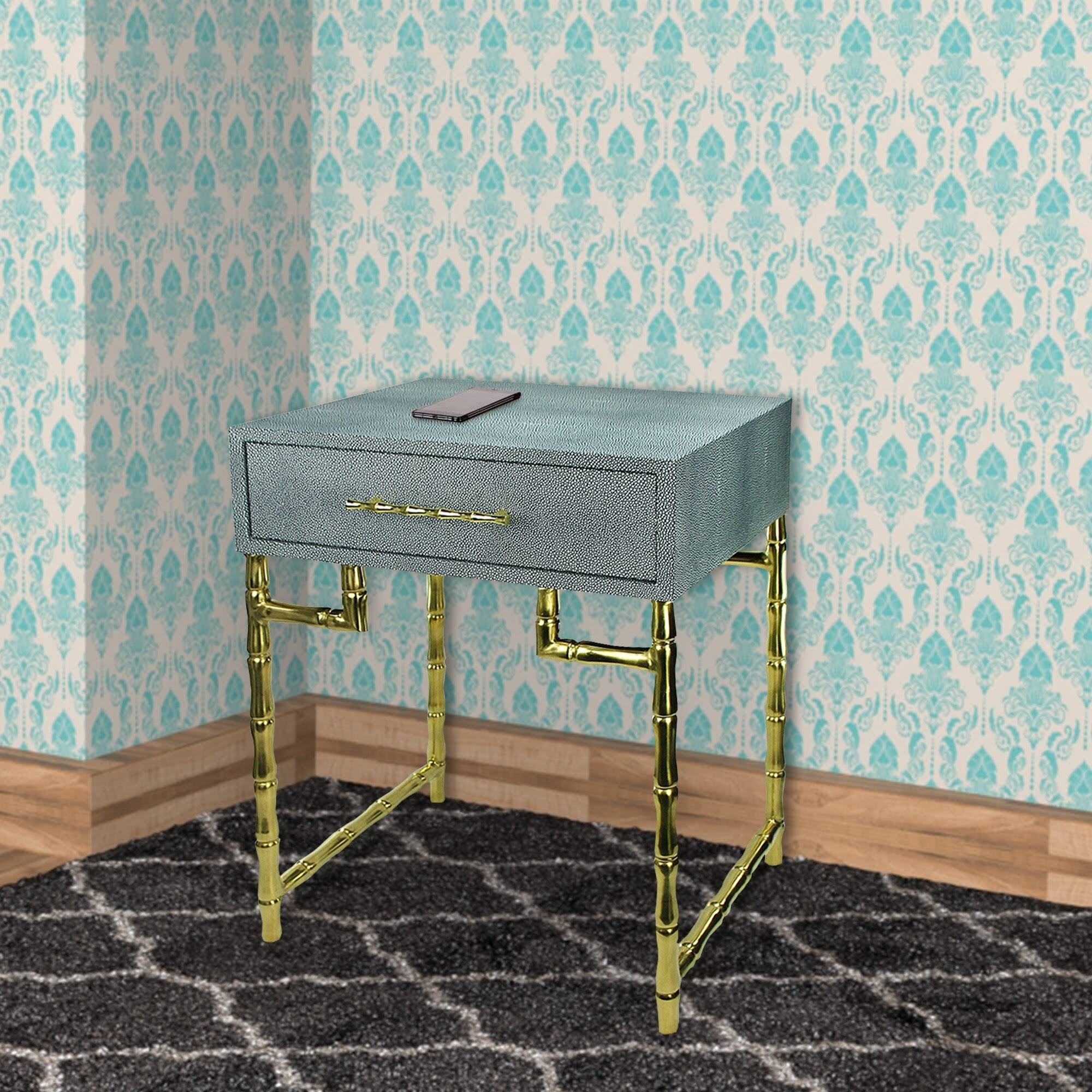 Wood and Metal Side Table with Bamboo Style Legs, Gray and Gold