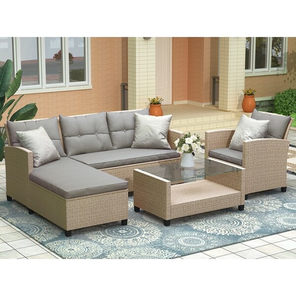 4Piece Classic Conversation Set,Wicker Rattan Patio Sofa with Cushions