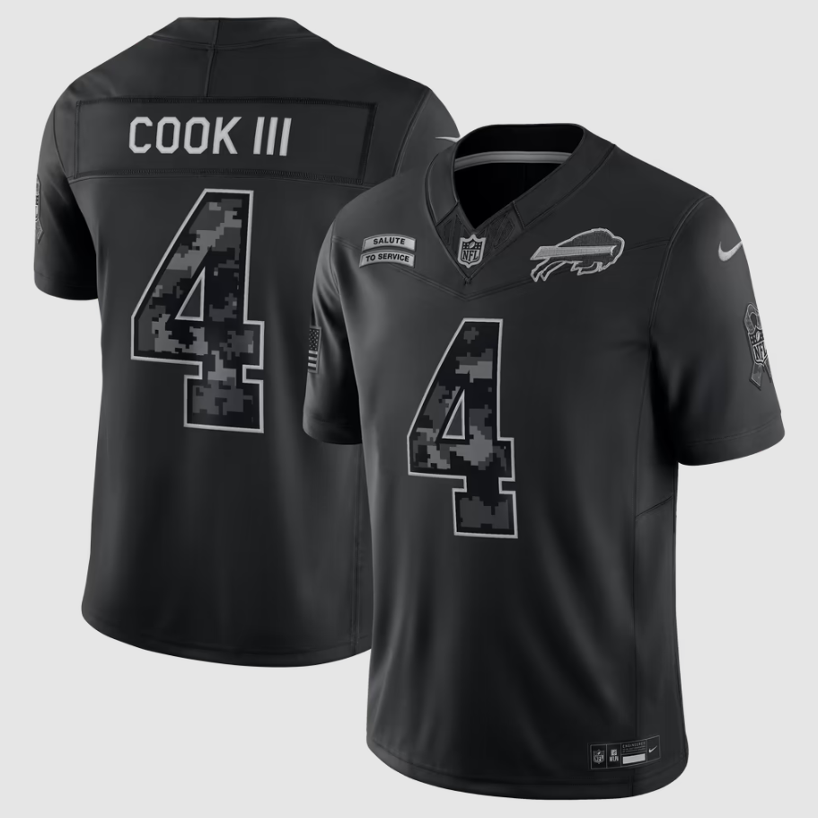 Men's Buffalo Bills James Cook III #4 Black 2026 Salute to Service Stitched Limited Jersey