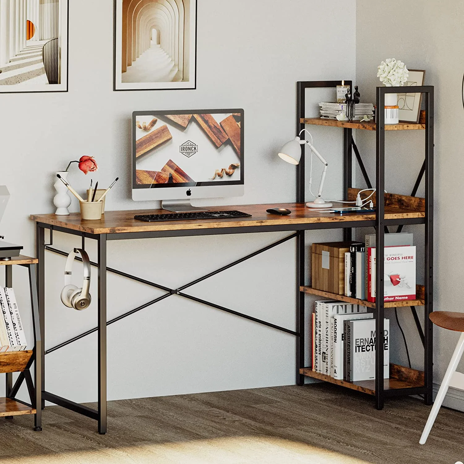 Popular IRONCK Computer Desk 55" with Power Outlet & Storage Shelves  Study Writing Table with USB Ports Charging Station  PC Desk Workstation for Home Office  Rustic Brown