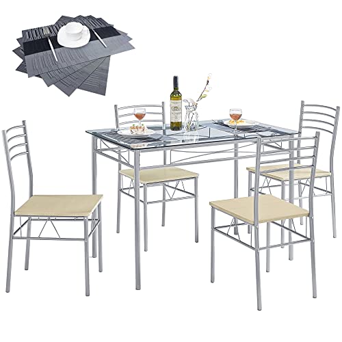 VECELO 5-Piece Kitchen Dining Table Set, Glasses Tabletop & Heavy-Duty Metel Frame, Rectangle Dinette with 4 Chairs for Small Space, Breakfast Nook, Glasses & Black