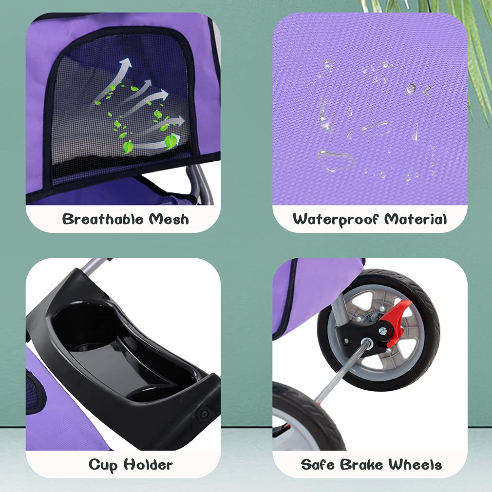 BestPet 3 Wheel Collapsible Pet Stroller,Purple