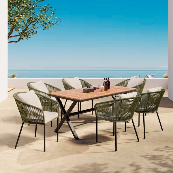 7Piece Acacia Patio Dining Set With Acacia Wood Tabletop and Metal Frame,AllWeather